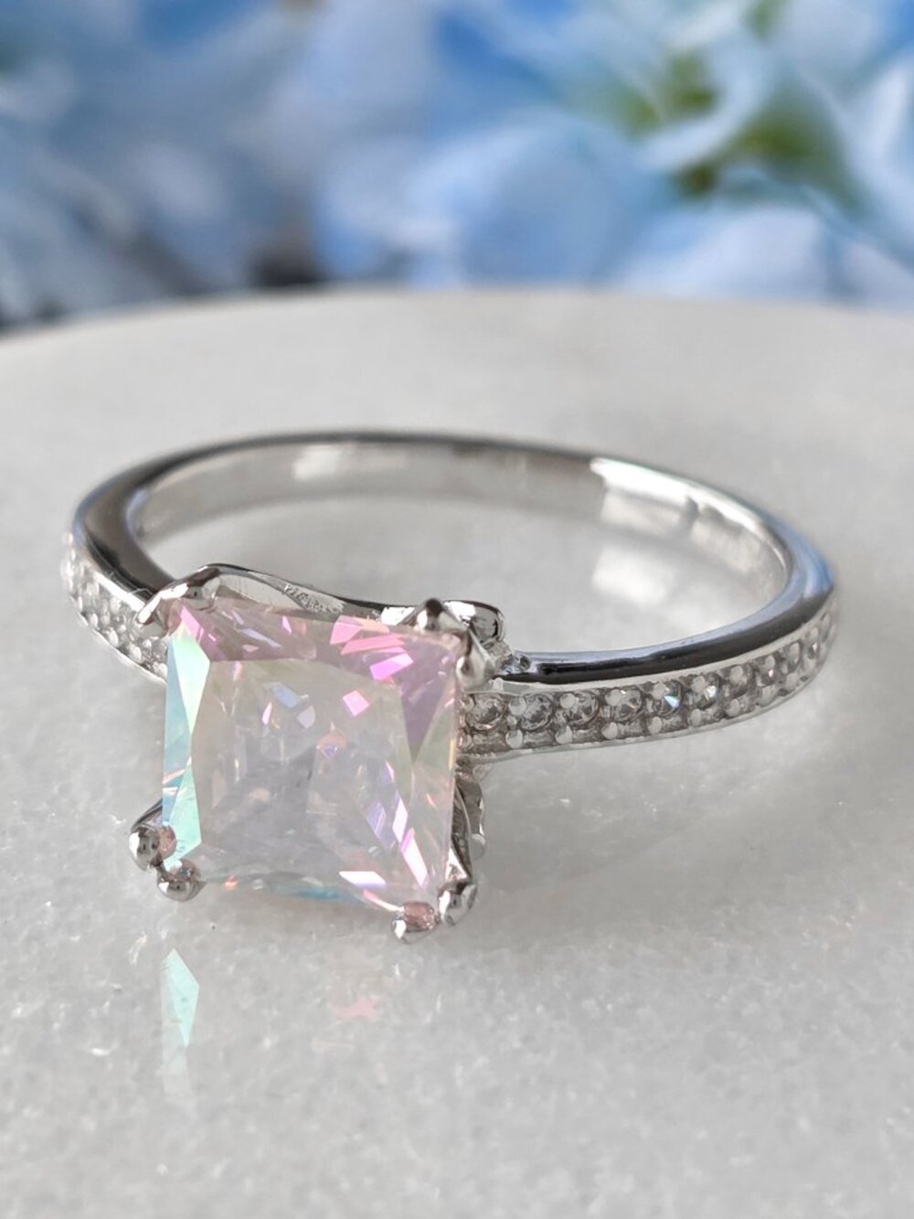 Princess Cut Aurora Borealis Ring, 925 Sterling Silver Charmed Aroma Size 7